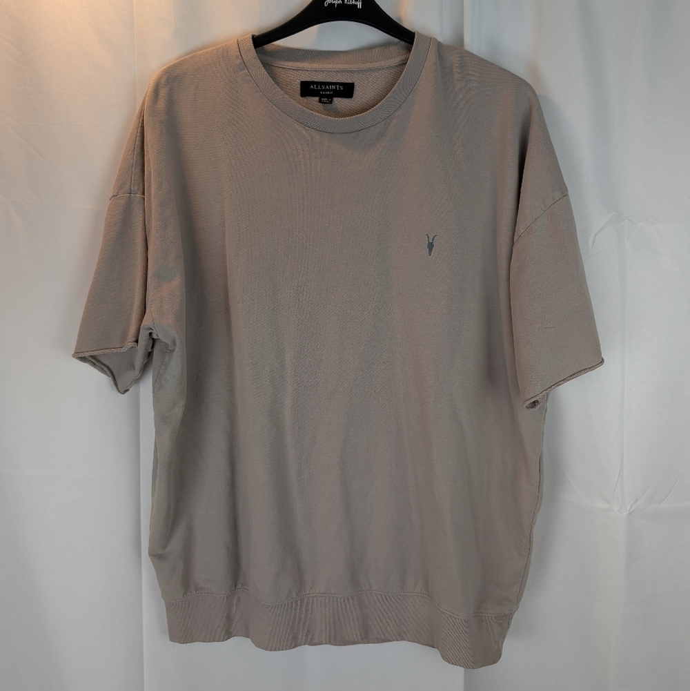 All Saints Negotum SS Crew Grey Beige Jumper T Shirt XL In EUC